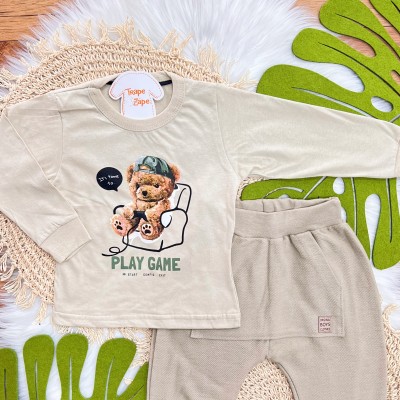 Conj. Blusa Manga Longa Ursinho Play Game e Calça Saruel de Moletinho - Areia